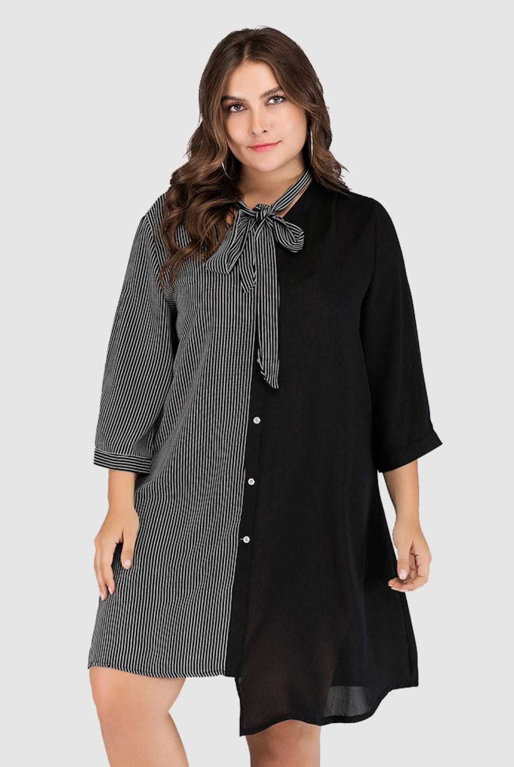 Light Gray Plus Size Striped Color Block Tie-Neck Dress Clothes