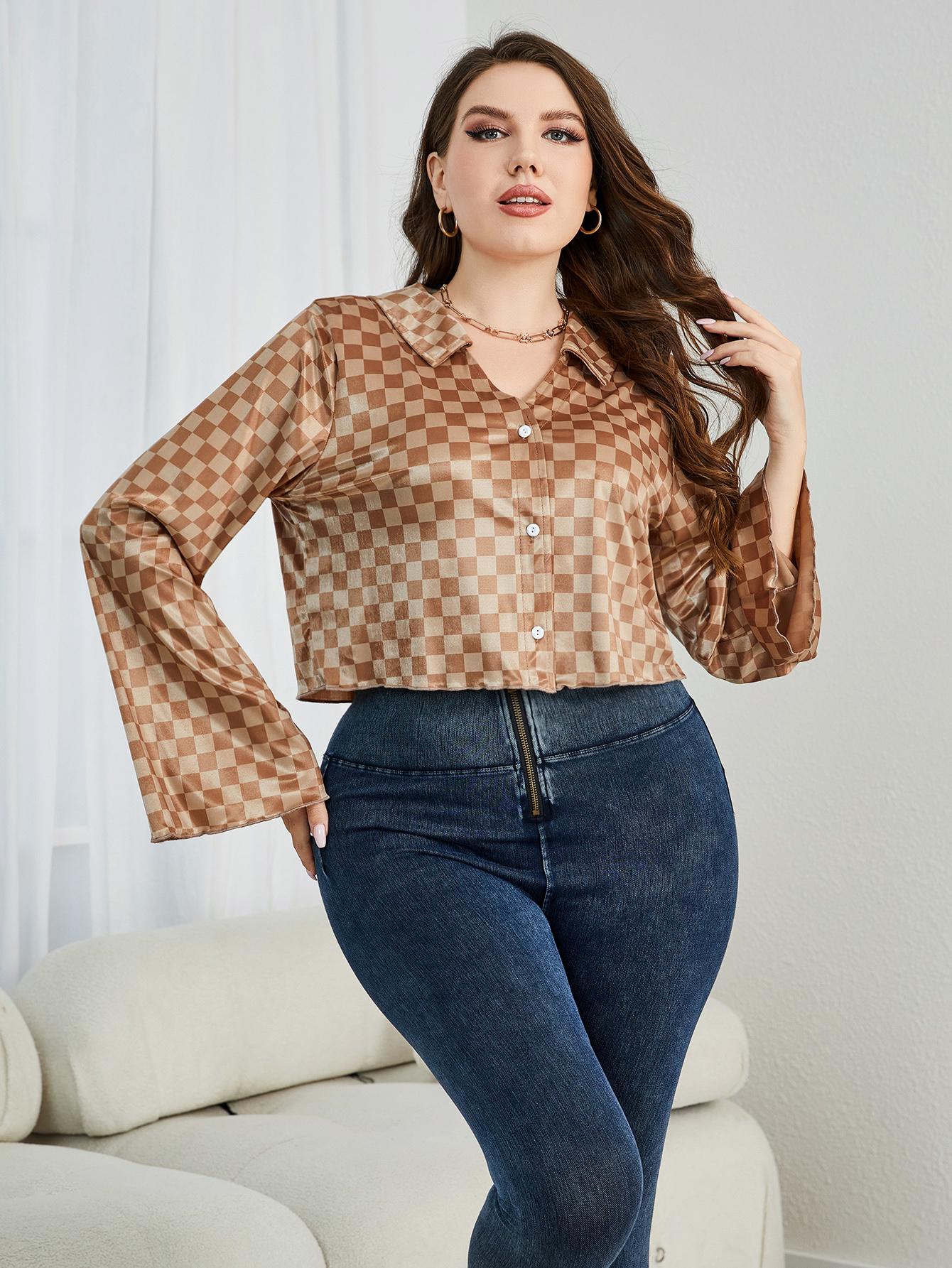 Gray Plus Size Checkered Johnny Collar Flare Sleeve Shirt Clothing