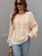 Light Slate Gray One On One Cable-Knit Openwork Round Neck Sweater Shirts & Tops