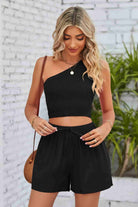 Black Smocked One-Shoulder Sleeveless Top and Shorts Set Outfit Sets
