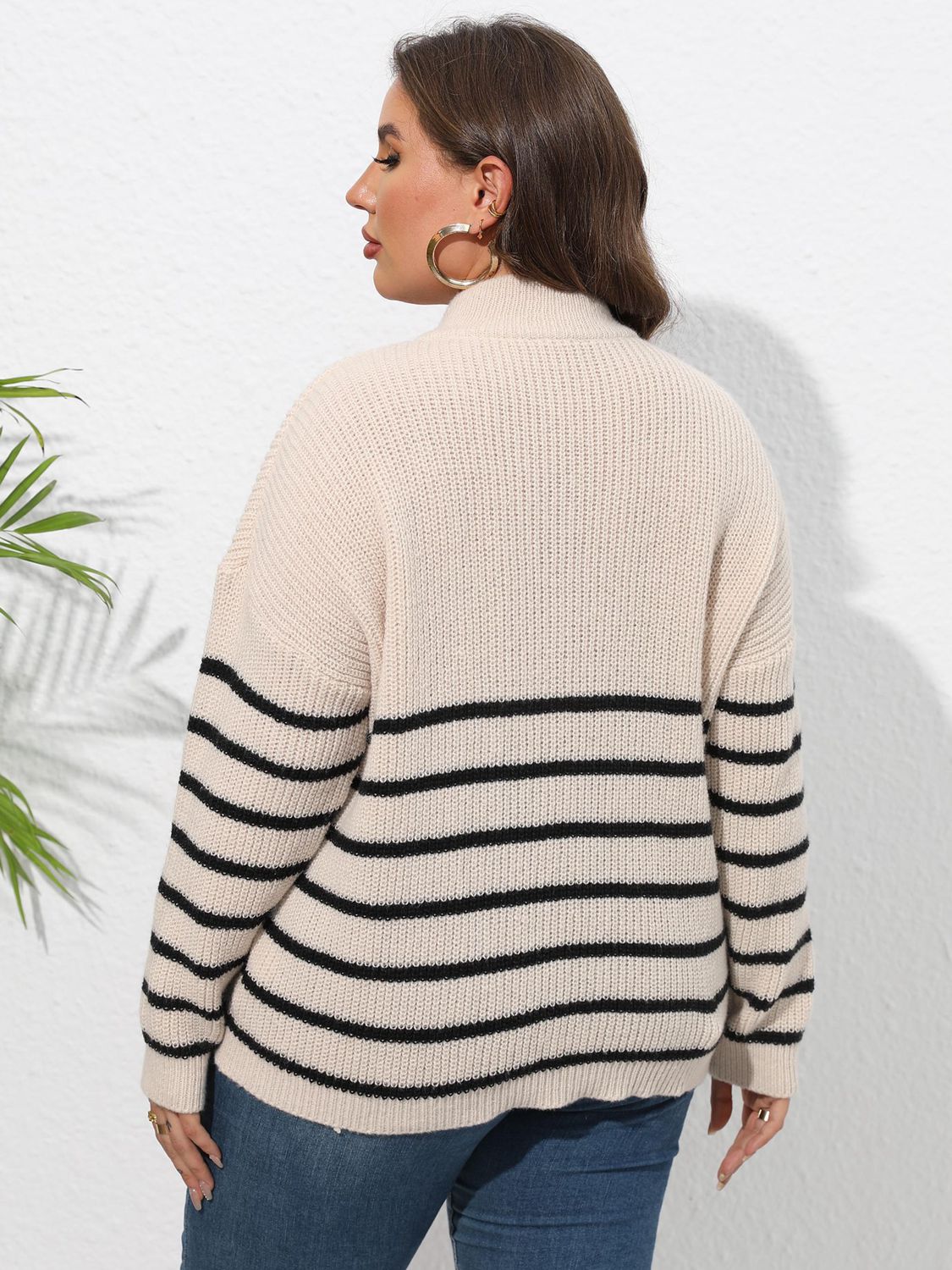 Light Gray Plus Size Zip-Up Striped Sweater Clothing