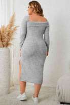 Gray Plus Size Square Neck Long Sleeve Slit Dress Plus Size Clothes