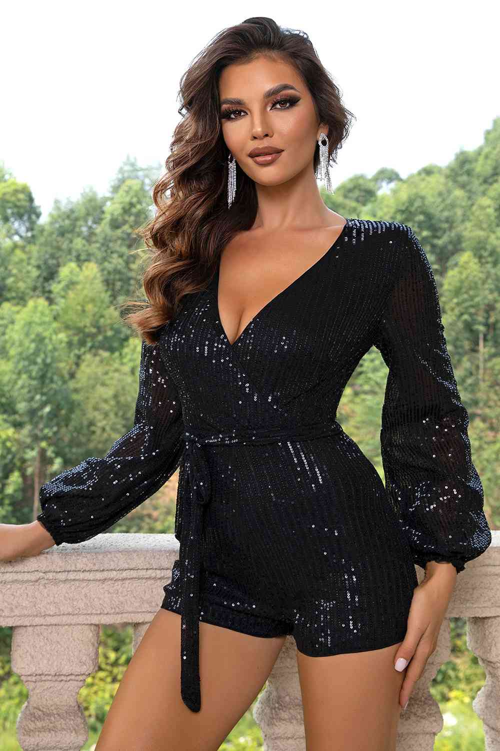 Black Sequin Tie Waist Long Sleeve Romper Holiday