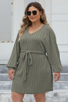 Slate Gray Plus Size Ribbed Tie Front Long Sleeve Sweater Dress Plus Size Clothing
