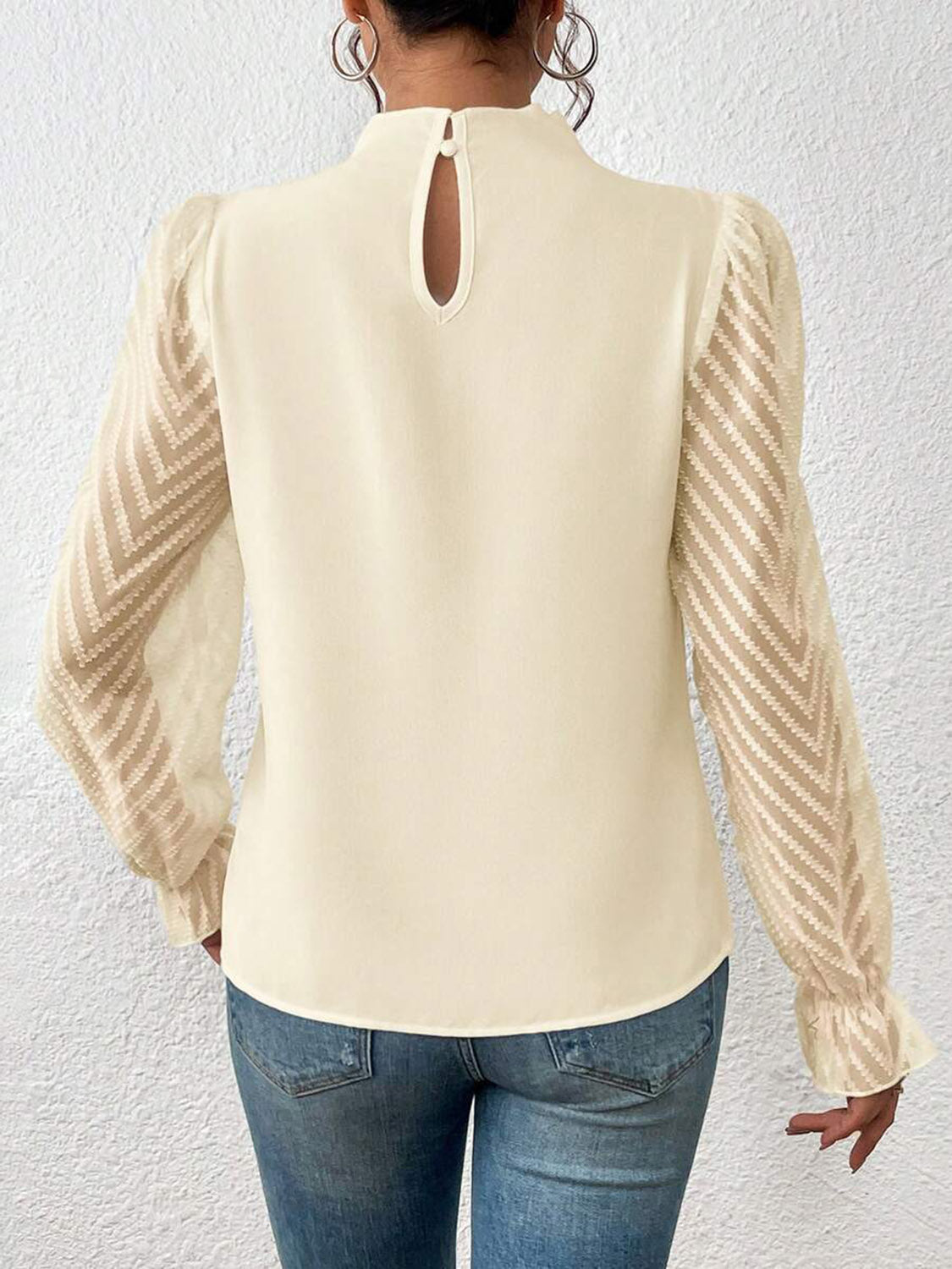 Light Gray Mock Neck Flounce Sleeve Blouse Clothing