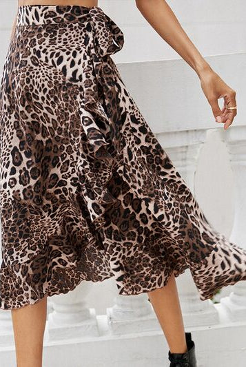 Black Tied Ruffled Leopard Midi Skirt Trends