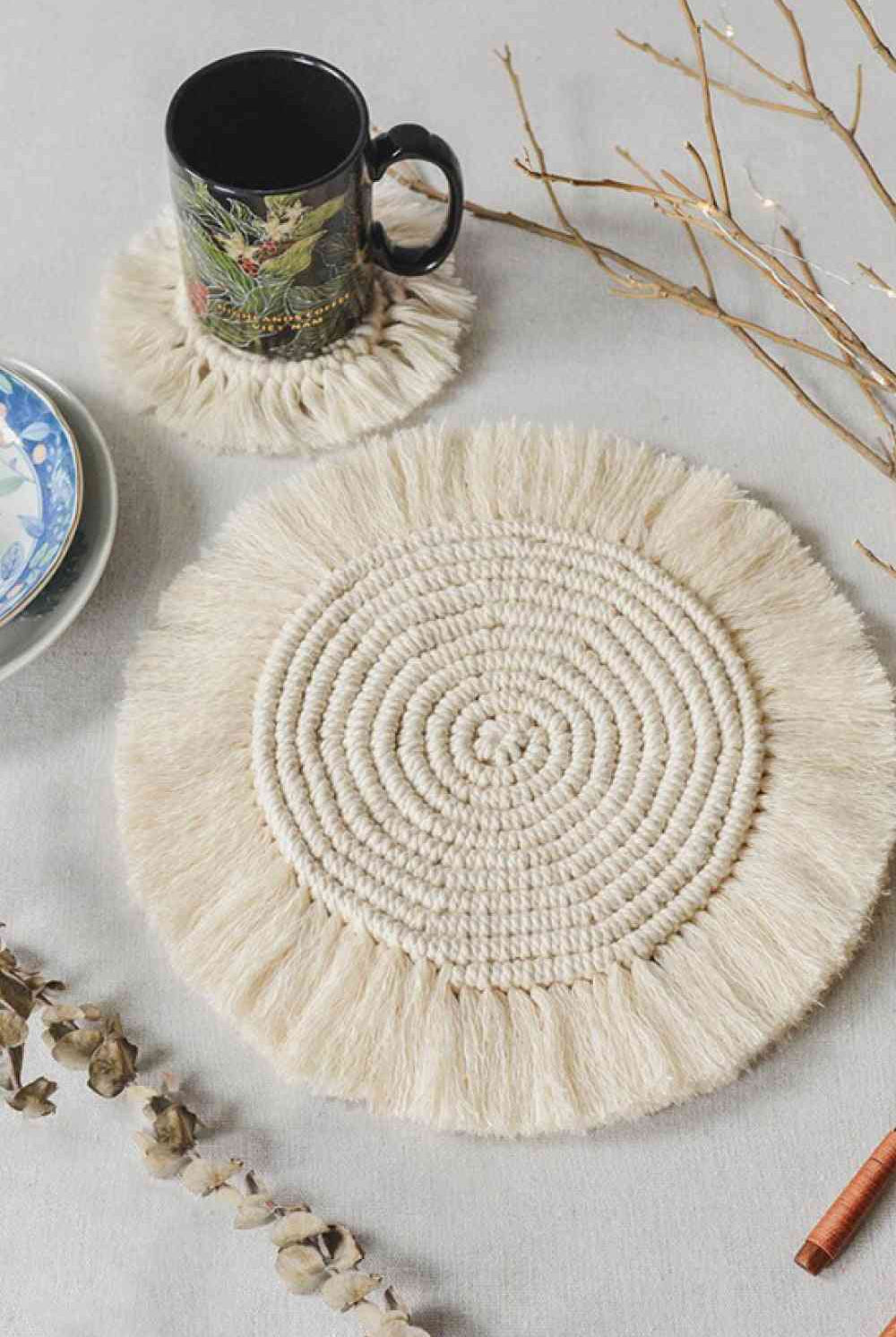 Gray Save For Later 11.8" Macrame Round Cup Mat Coaster