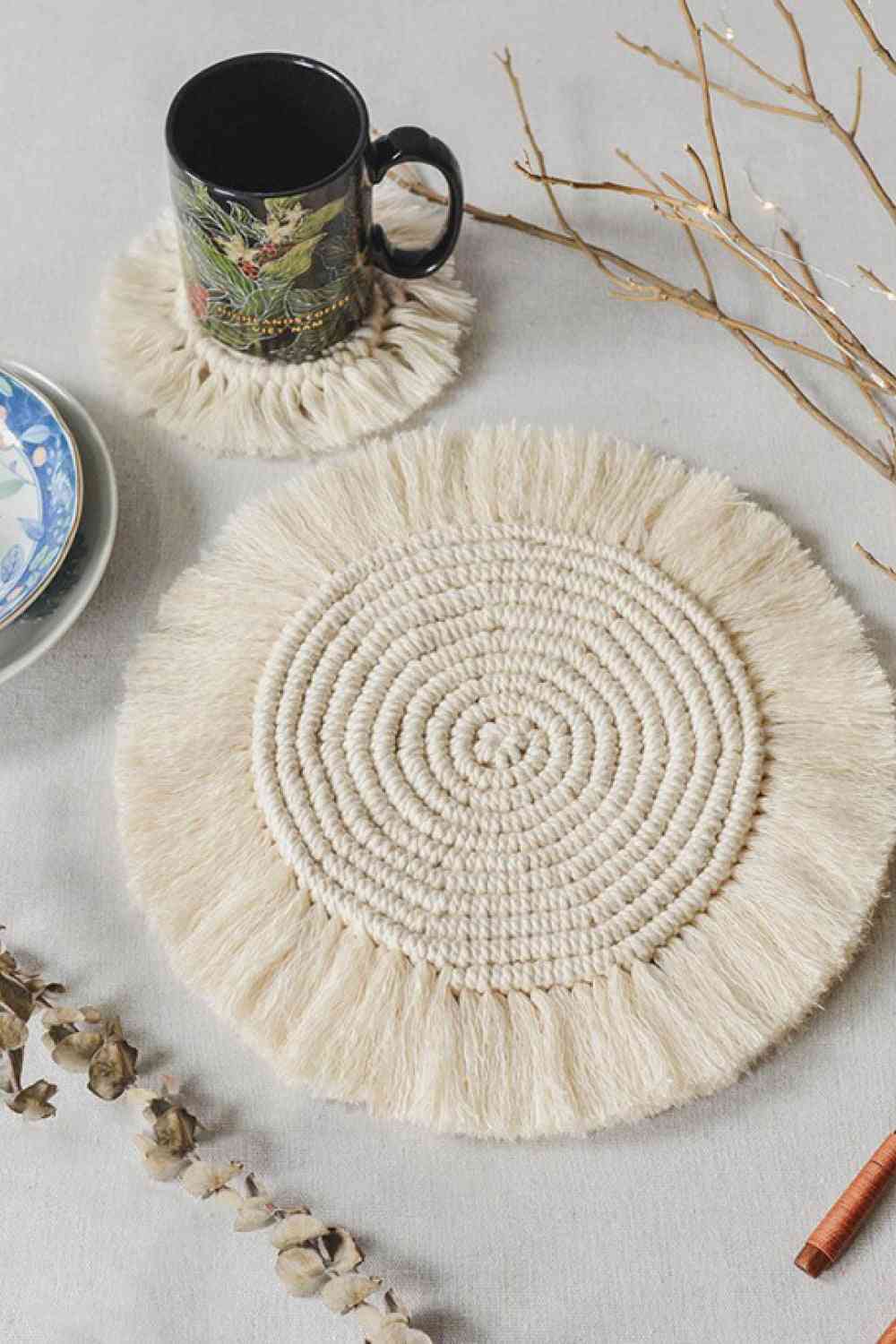 Gray Save For Later 11.8" Macrame Round Cup Mat Coaster