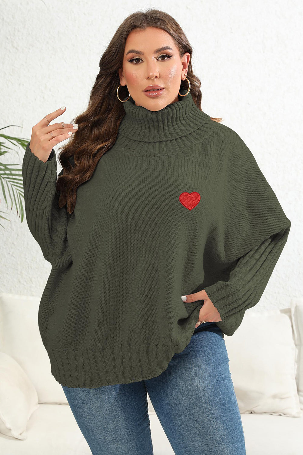 Antique White Plus Size Turtle Neck Long Sleeve Sweater Clothing