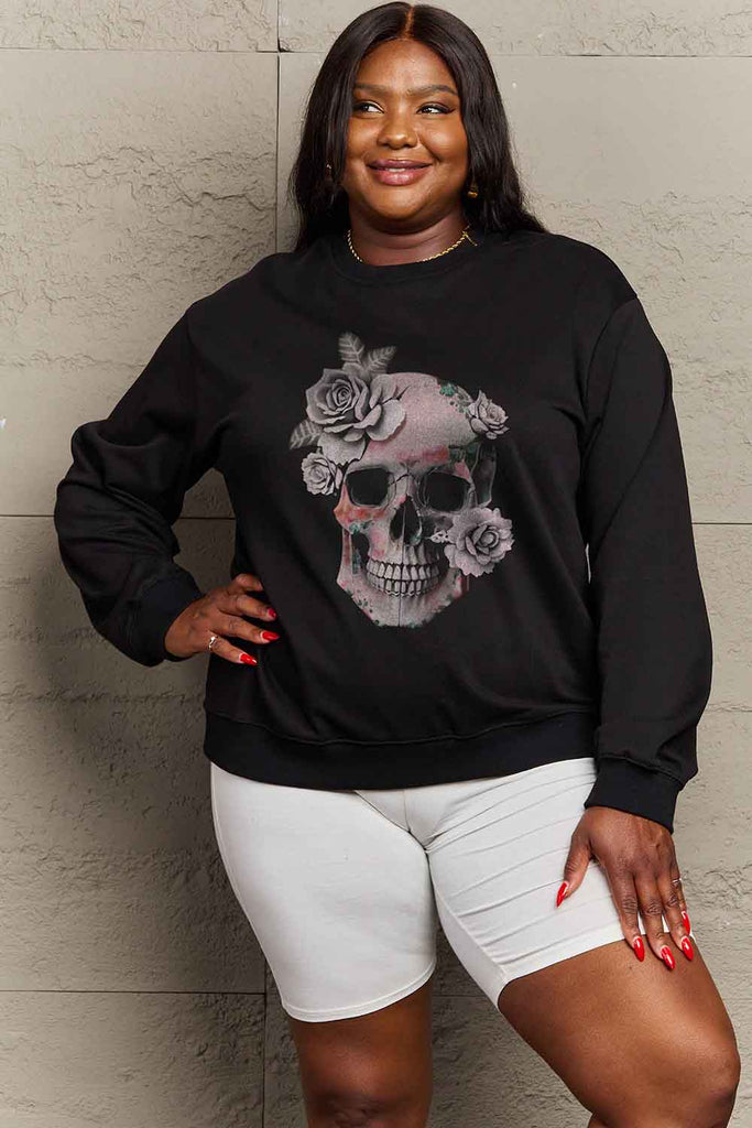 Dark Slate Gray Simply Love Simply Love Full Size Dropped Shoulder SKULL Graphic Sweatshirt Graphic Tees