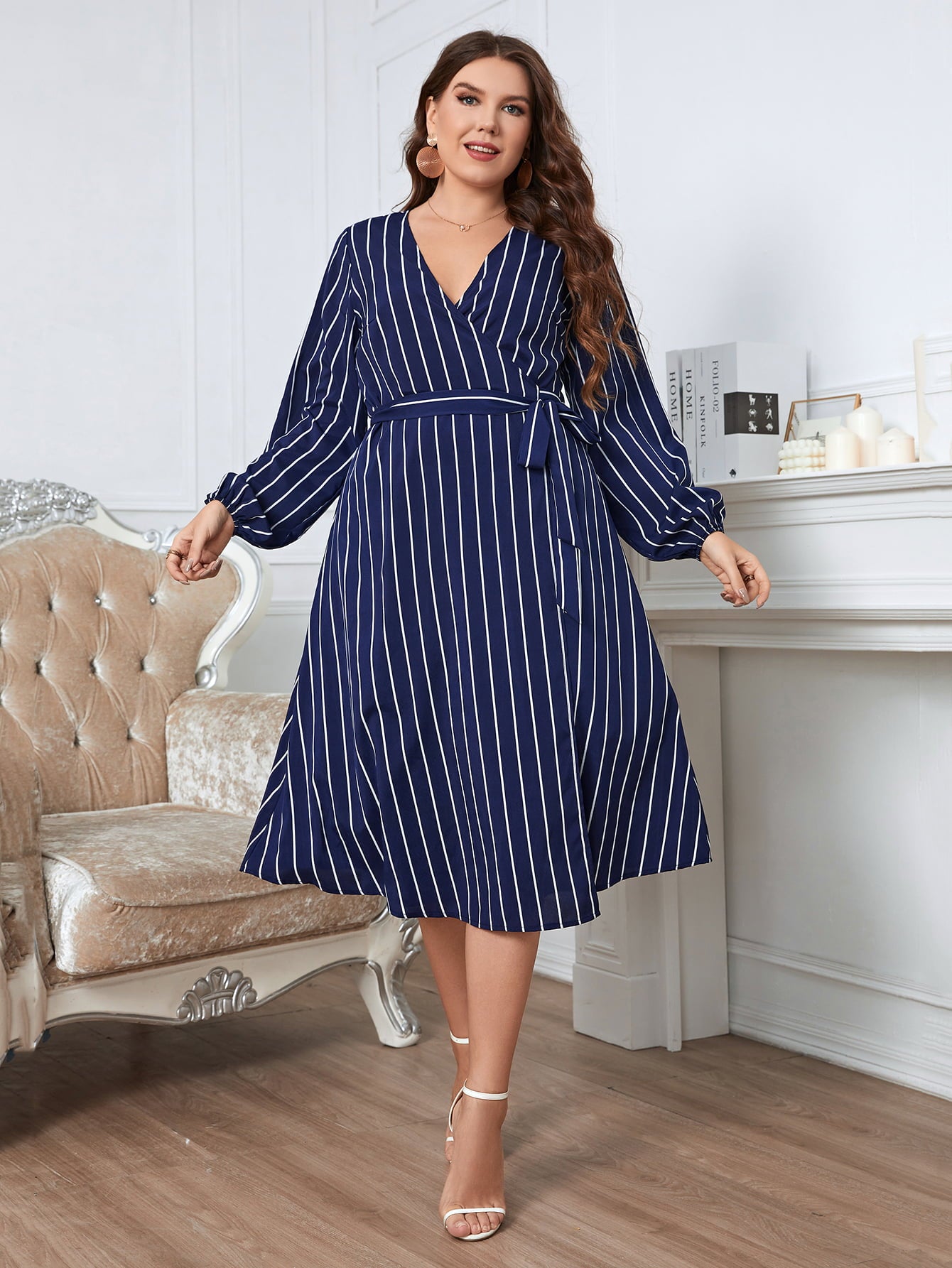 Gray She Knows She's A Ten Plus Size Striped Surplice Neck Long Sleeve Dress Plus Size Dresses