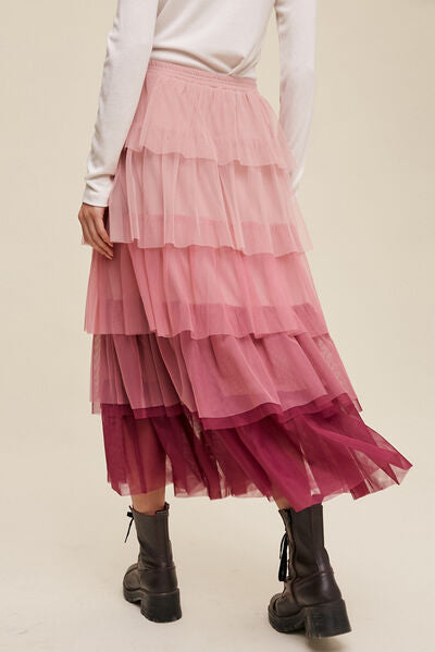 Gray Elastic Waist Layered Tulle Midi Skirt Clothing