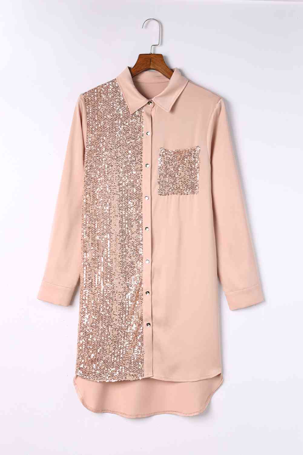 Misty Rose Sequin Button Front High-Low Shirt Dress Holiday