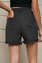 Rosy Brown Fringe Trim Distressed Denim Shorts with Pockets Denim