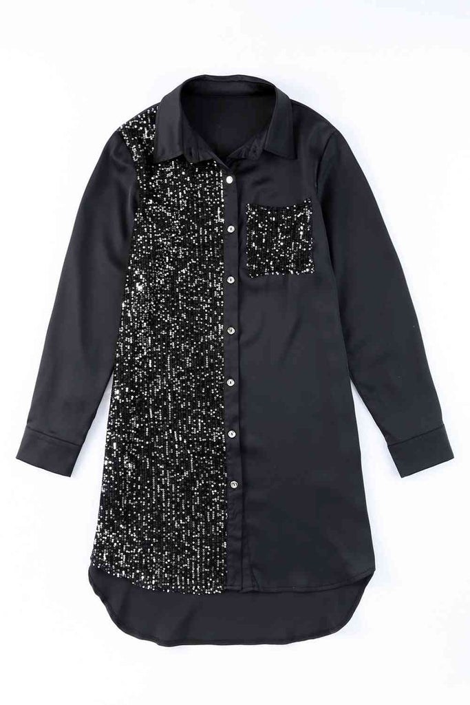 Dark Slate Gray Sequin Button Front High-Low Shirt Dress Holiday