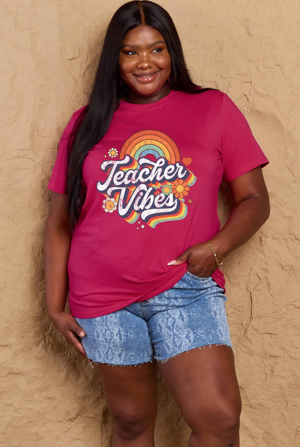 Rosy Brown TEACHER VIBES Graphic Cotton T-Shirt Graphic Tees