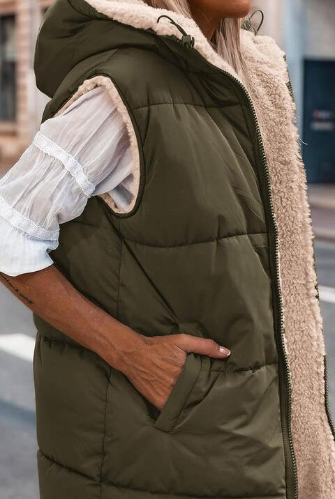 Dark Slate Gray Zip-Up Longline Hooded Vest Winter Accessories