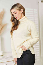 Light Gray Heimish Full Size Long Sleeve Turtleneck Sweater with Side Slit Work Attire