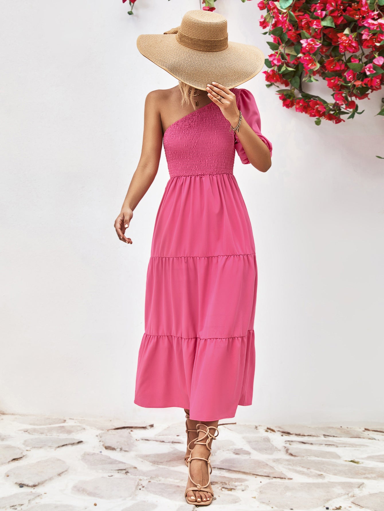 Light Gray Smocked One-Shoulder Midi Dress Clothes
