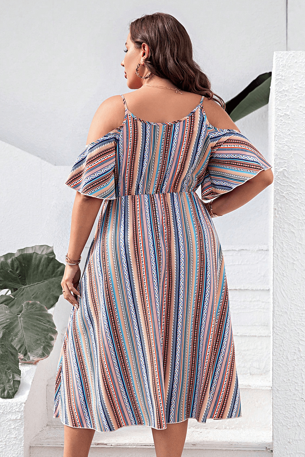 Light Gray Plus Size Striped Cold-Shoulder Dress Clothing