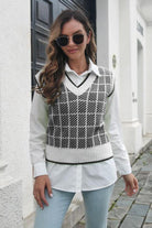 Light Gray Plaid V-Neck Sweater Vest Winter Accessories