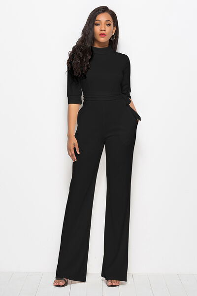 Black Mock Neck Tie-Waist Half Sleeve Jumpsuit Clothes