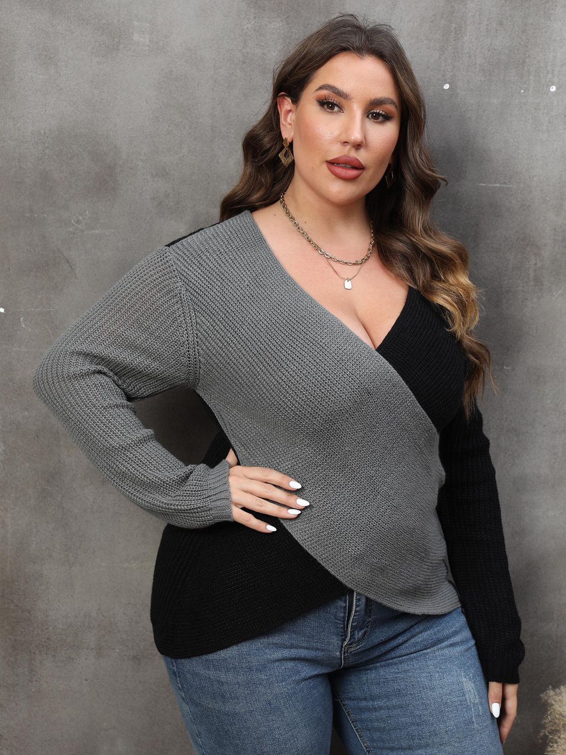 Dim Gray Plus Size Two-Tone Surplice Neck Sweater Clothing