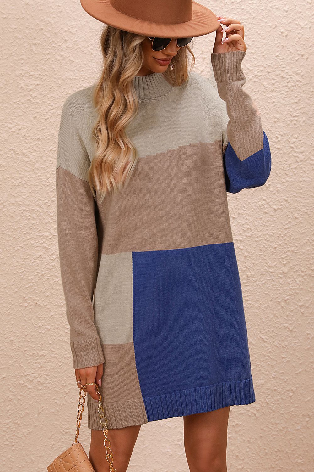 Tan Color Block Mock Neck Dropped Shoulder Sweater Dress Clothing