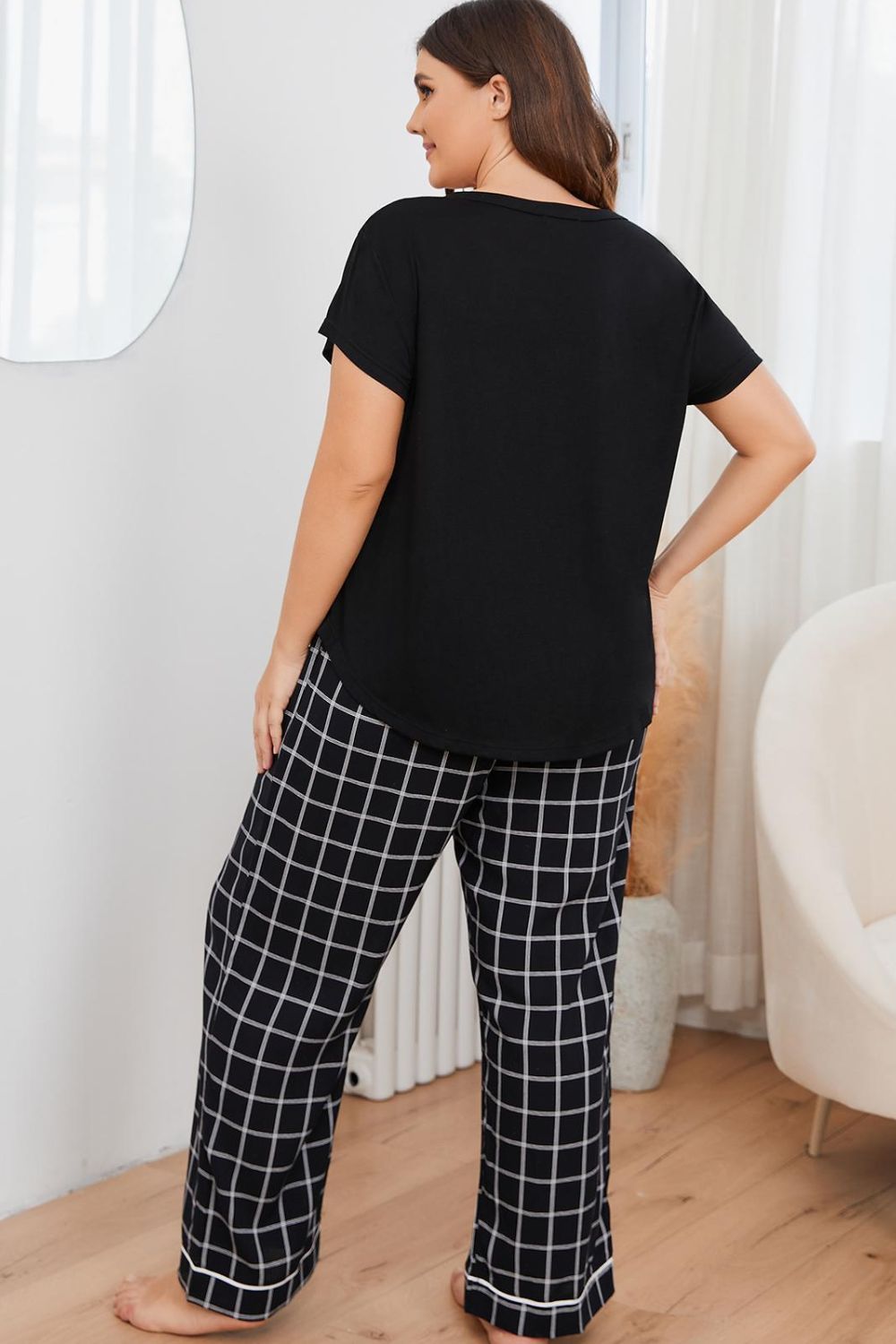 Black Plus Size V-Neck Top and Plaid Pants Lounge Set