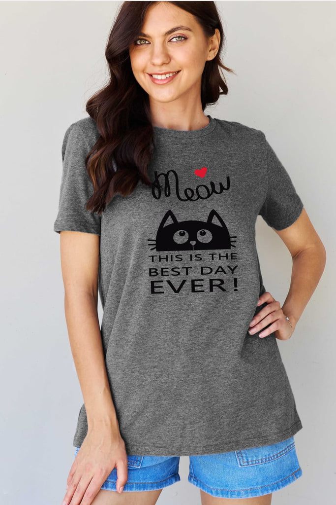 Gray Simply Love Full Size MEOW THIS IS THE BEST DAY EVER! Graphic Cotton T-Shirt Graphic Tees