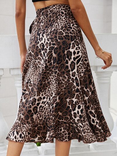 Gray Tied Ruffled Leopard Midi Skirt Trends