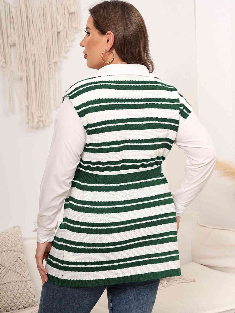 Dark Slate Gray Plus Size Striped Colared Neck Tied Front Sweater Vest Plus Size Clothes