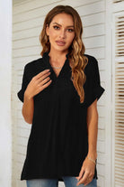 Black Notched Neck Slit Cuffed Blouse Tops