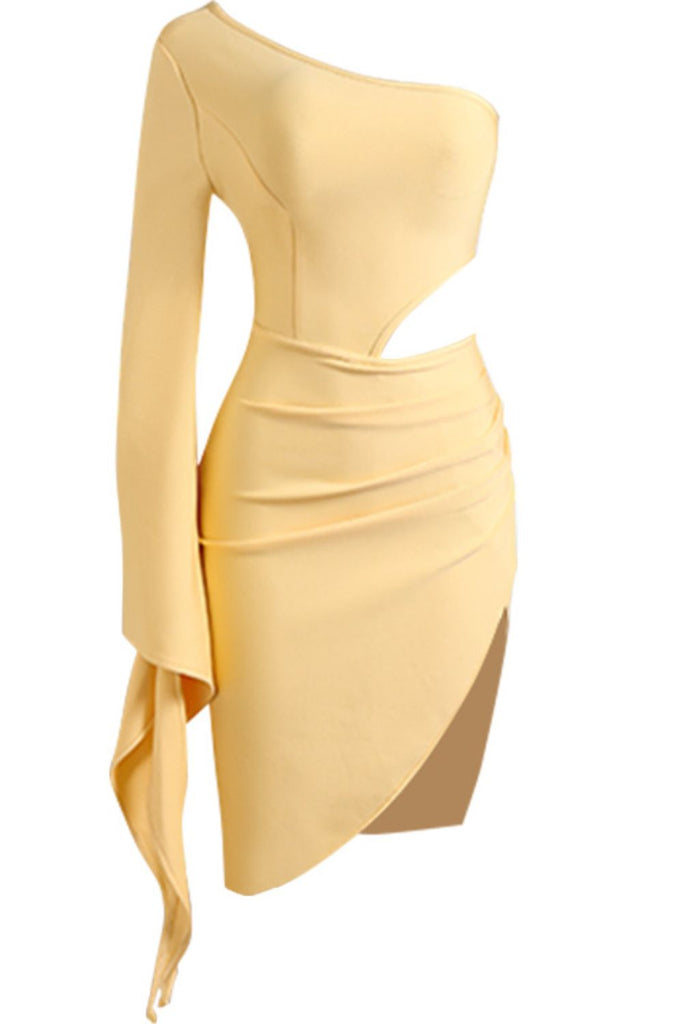 Light Goldenrod My Sunshine Cutout Split Flare Sleeve One-Shoulder Dress Dresses