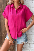 Sienna Textured Button-Up Cuffed Dolman Sleeve Shirt Clothing