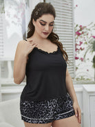 Gray Plus Size Lace Trim Scoop Neck Cami and Printed Shorts Pajama Set Plus Size Clothes