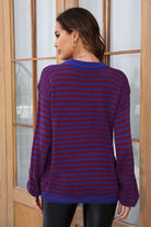 Dark Slate Gray Striped Round Neck Dropped Shoulder Sweater Capsule