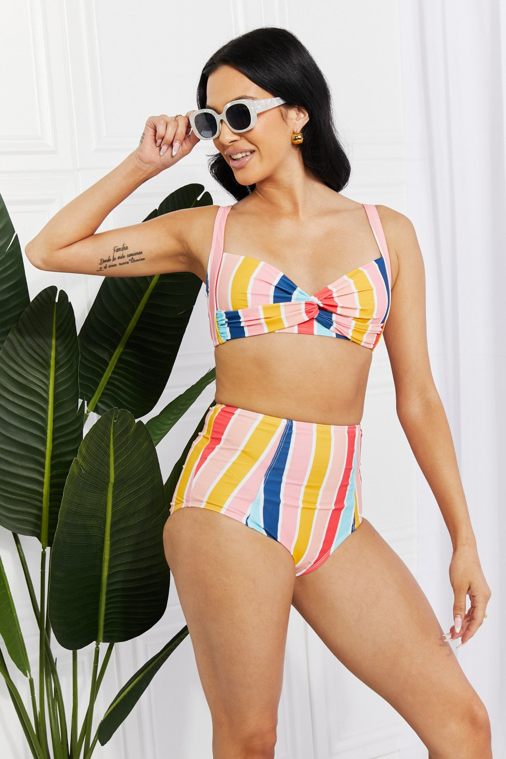 Light Gray Marina West Swim Take A Dip Twist High-Rise Bikini in Stripe Swimwear