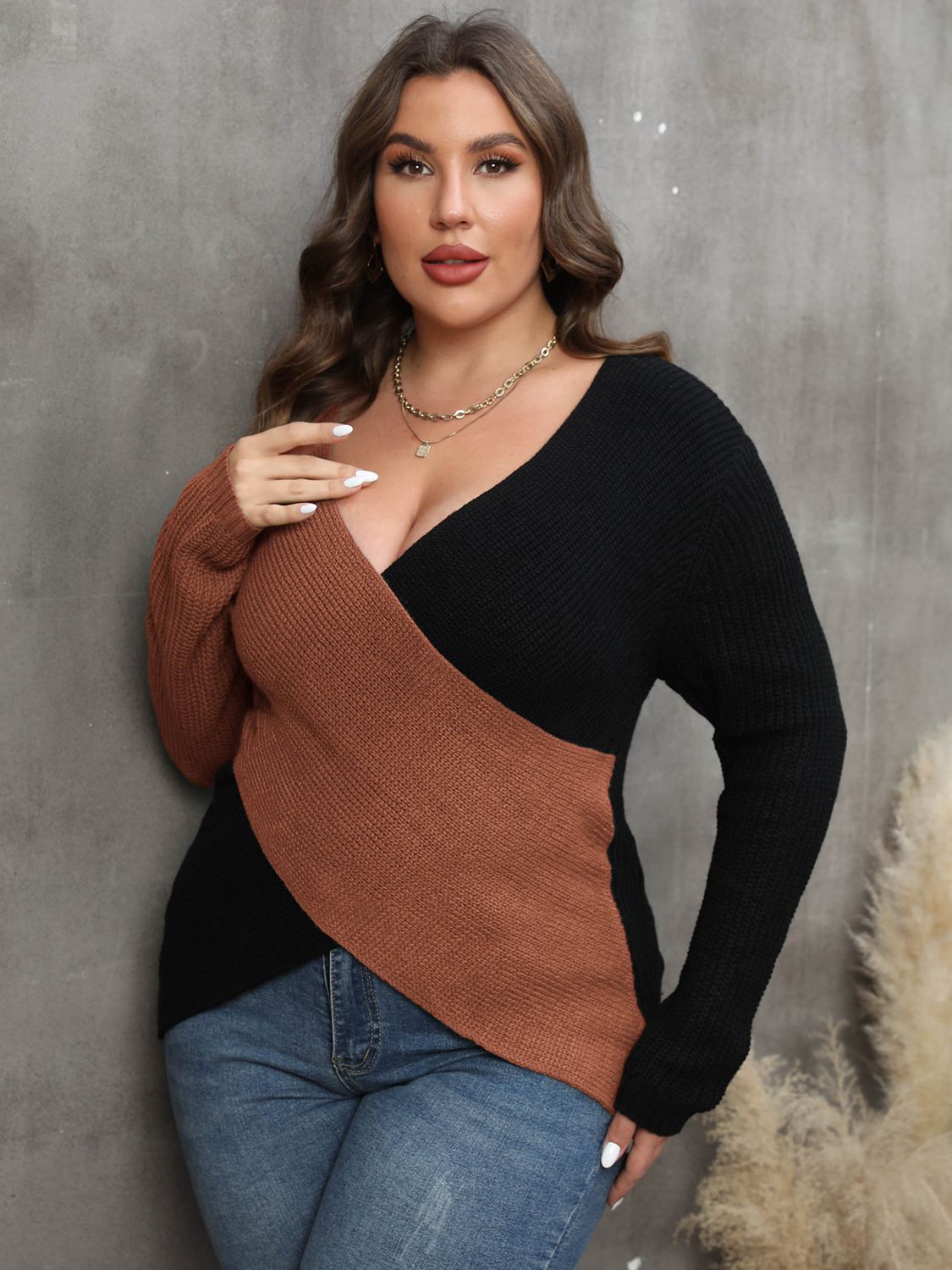 Dim Gray Plus Size Two-Tone Surplice Neck Sweater Clothing