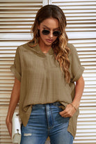 Dim Gray Notched Neck Slit Cuffed Blouse Tops