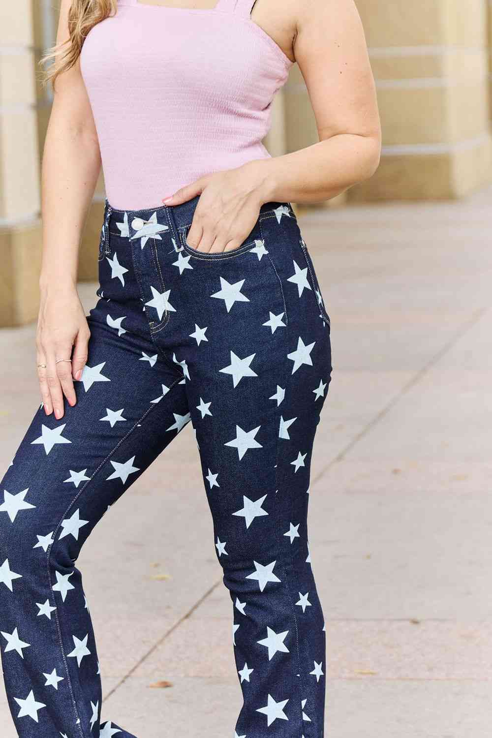 Light Gray Judy Blue Janelle Full Size High Waist Star Print Flare Jeans Clothing