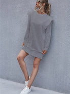 Light Slate Gray Round Neck Long Sleeve Mini Dress Clothing