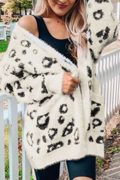 Light Gray Leopard Open Front Cardigan with Pockets Trends