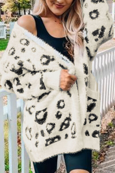 Light Gray Leopard Open Front Cardigan with Pockets Trends