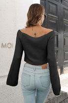 Dark Slate Gray Cropped V-Neck Flare Sleeve Knit Top Clothing