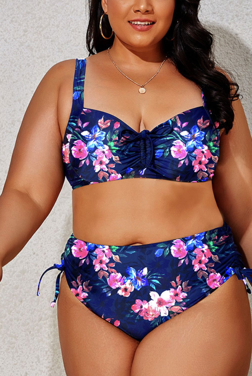 Rosy Brown Plus Size Printed Drawstring Detail Bikini Set Clothes