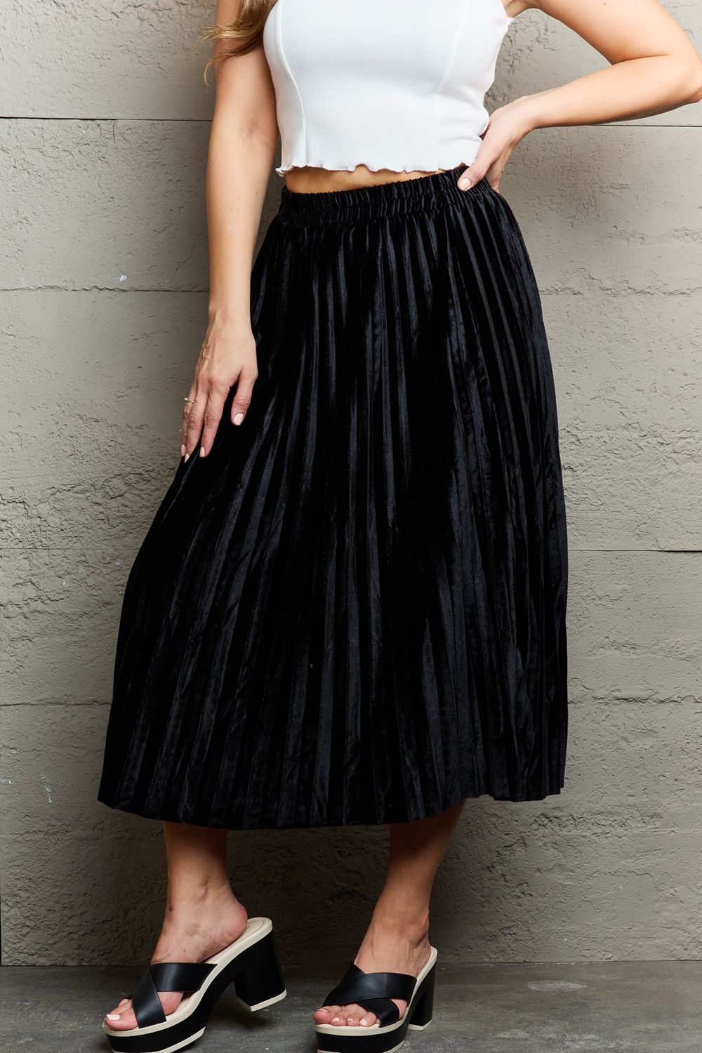 Black Ninexis Accordion Pleated Flowy Midi Skirt Clothing