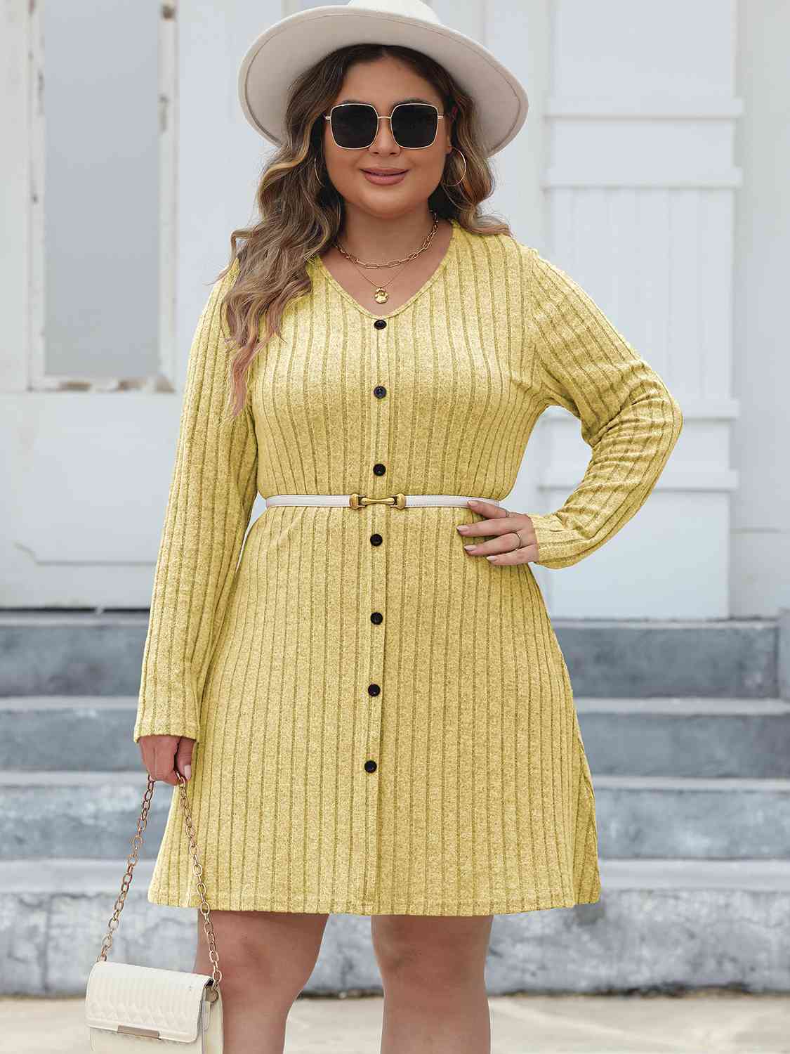 Gray Plus Size Ribbed Buttoned V-Neck Long Sleeve Dress Holiday