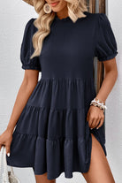 Dark Slate Gray Puff Sleeve Tie Back Tiered Dress Clothing