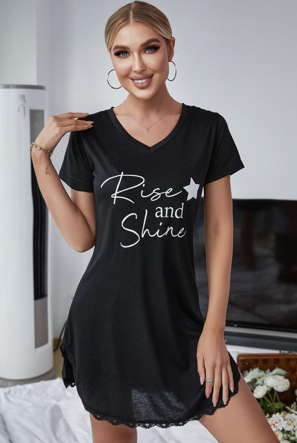 Black RISE AND SHINE Contrast Lace V-Neck T-Shirt Dress Pajamas